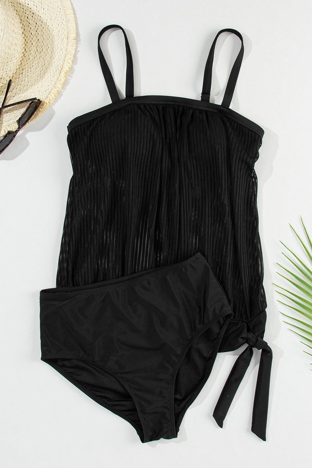 Black Striped Mesh Knotted Hem Tankini Swimsuit - The Fair Lady Shop