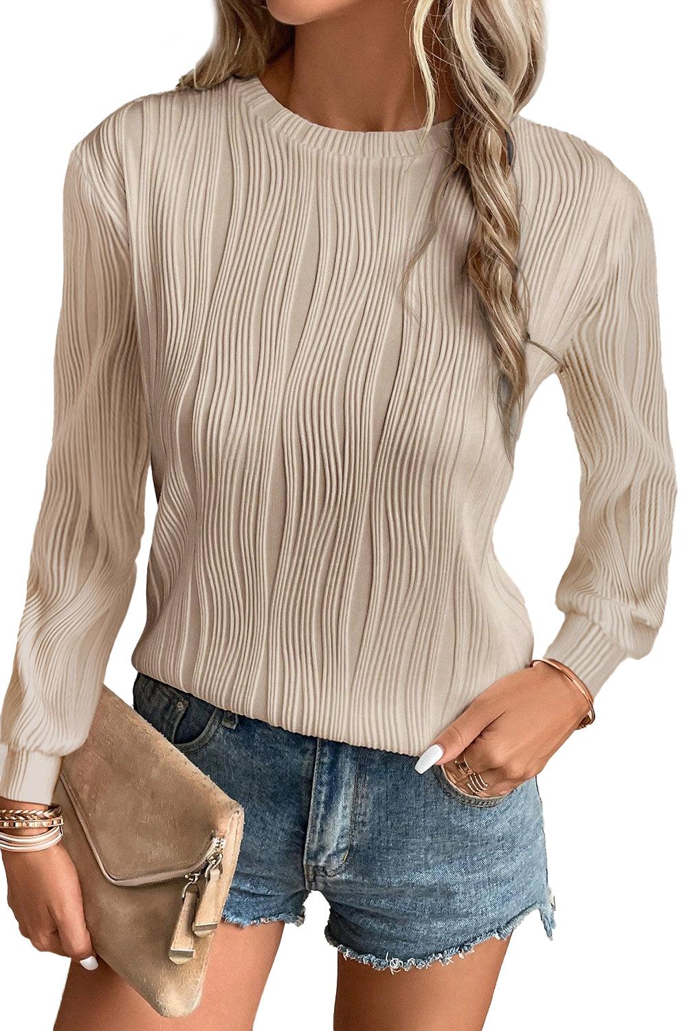 Apricot Wavy Textured Solid Color Drop Shoulder Pullover Top - The Fair Lady Shop