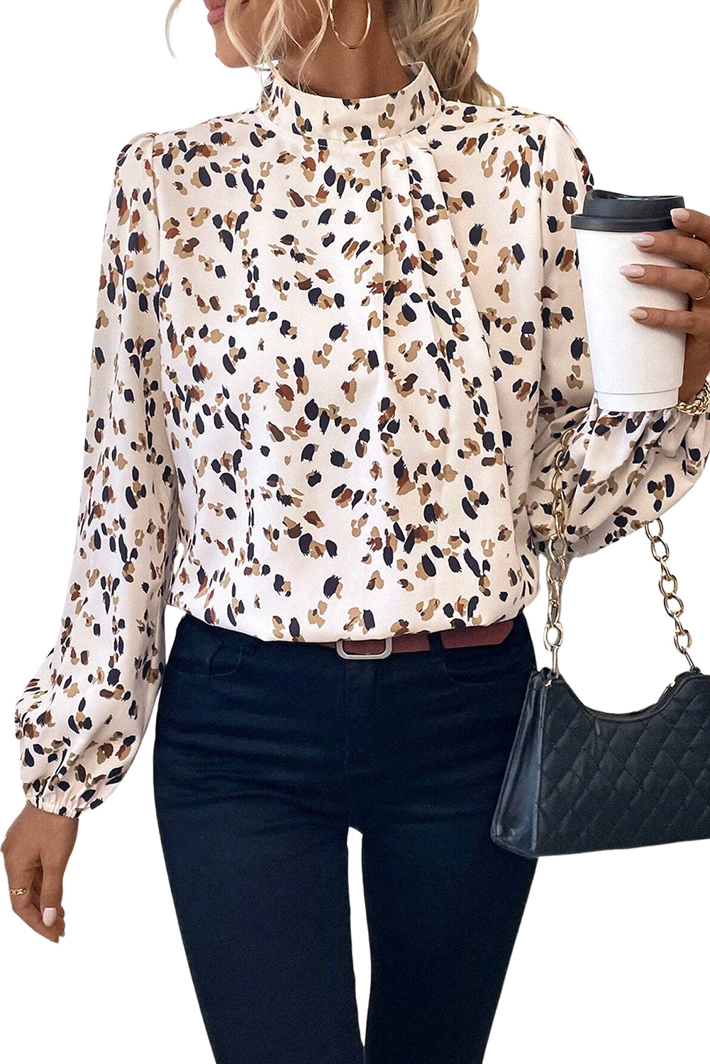 White Leopard Print Puff Sleeve Mock Neck Pleated Blouse - The Fair Lady Shop