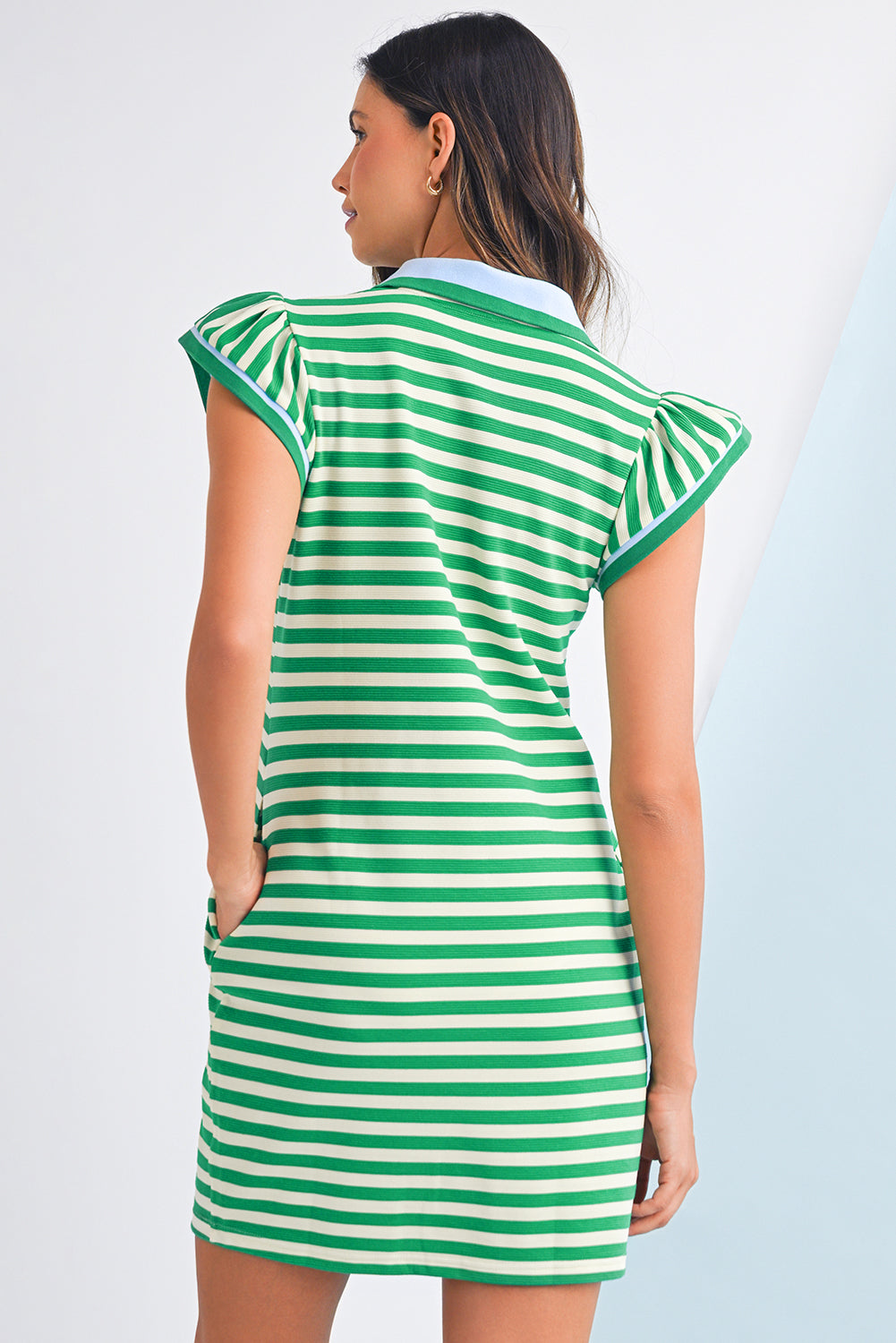 Green Striped Ruffle Short Sleeve Pop of Color Neckline Dress - The Fair Lady Shop