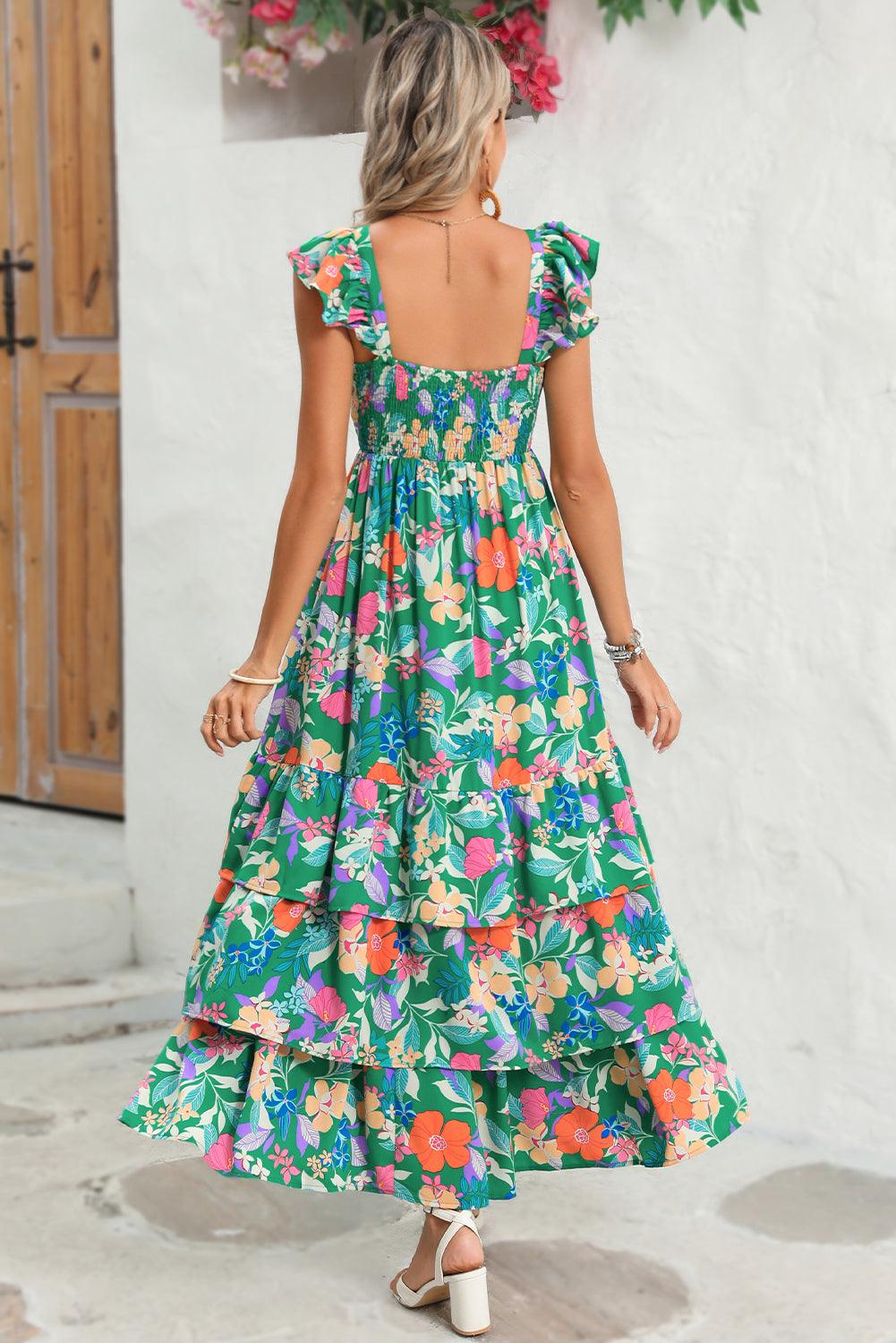 Pink Floral Print Sleeveless Ruffle Tiered Maxi Dress - The Fair Lady Shop