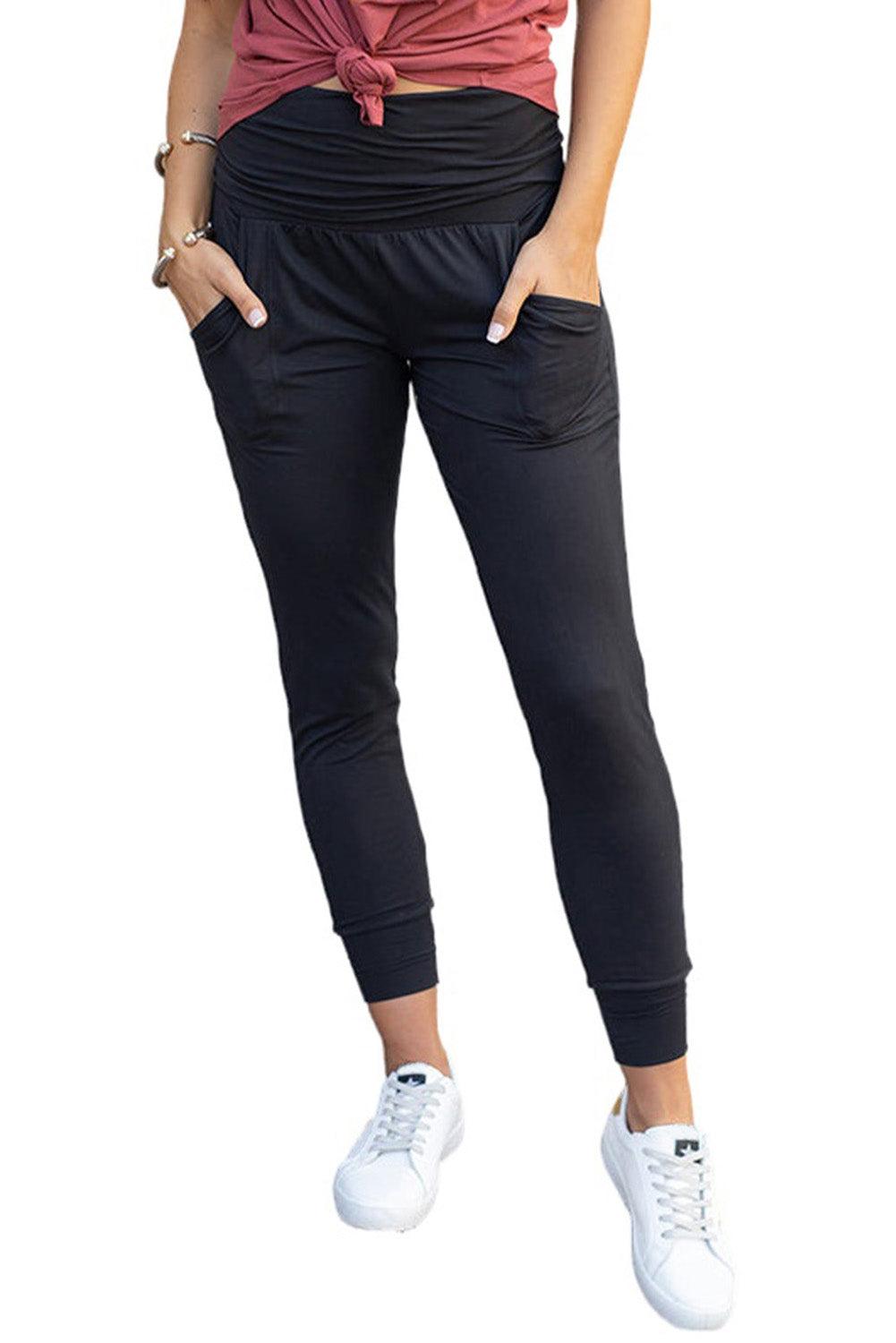 Black Pleated Casual Pocket High Waisted Leggings - The Fair Lady Shop