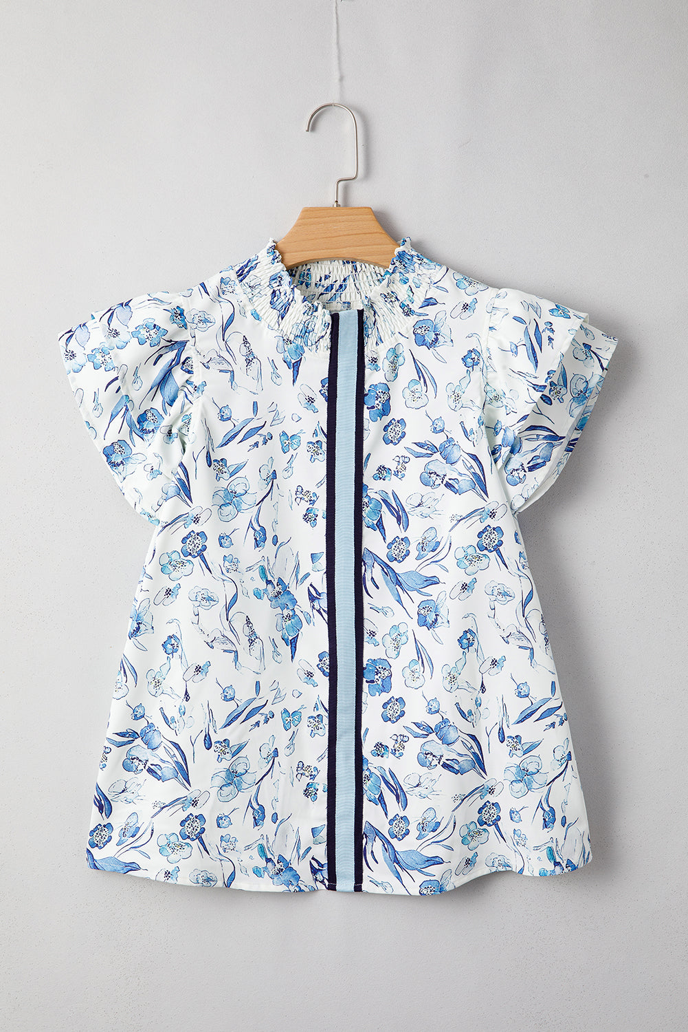 Sky Blue Ruffle Short Sleeve Floral Print Pop of Color Neckline Blouse - The Fair Lady Shop