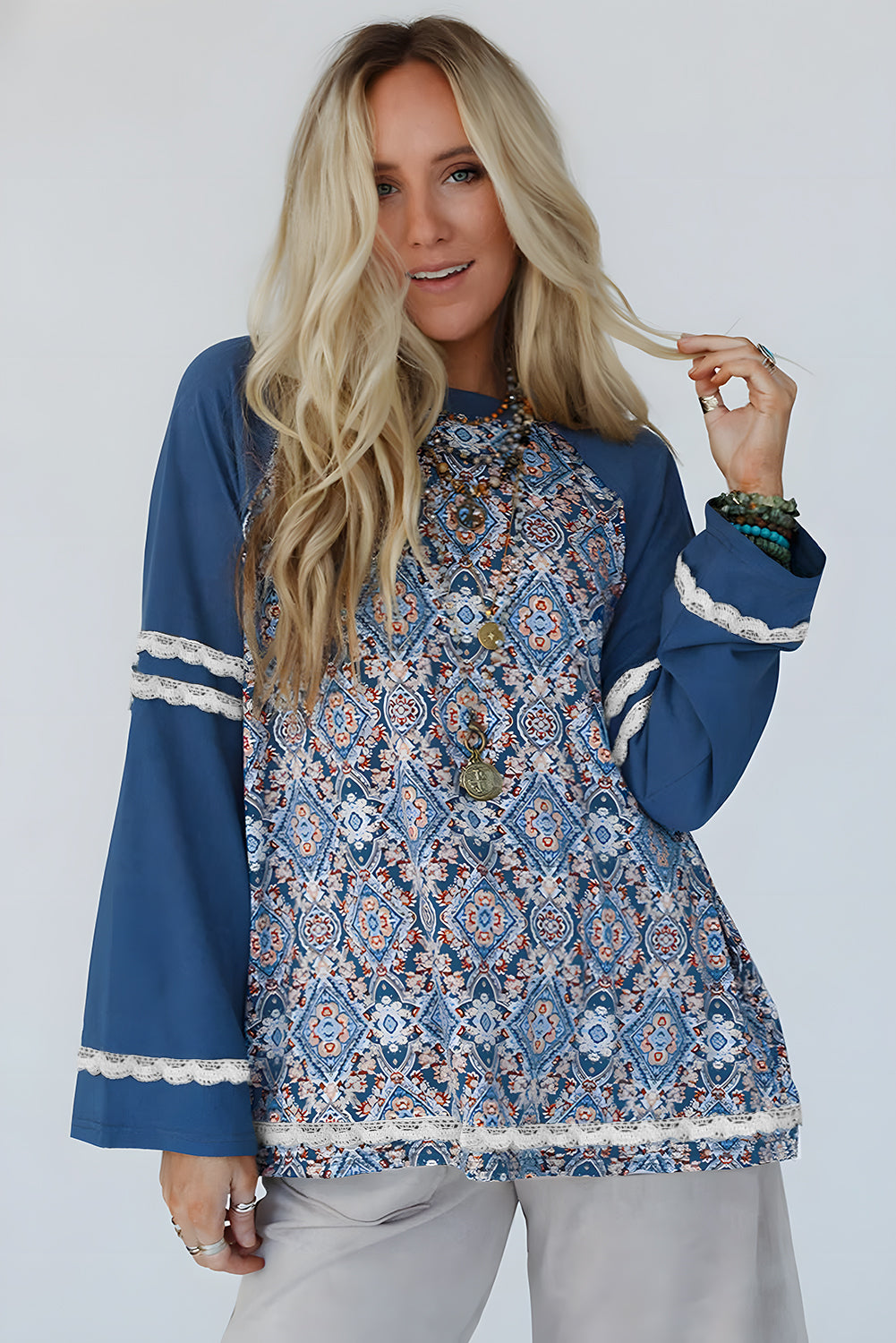 Blue Boho Geometric Print Lace Ricrac Raglan Sleeve Blouse - The Fair Lady Shop