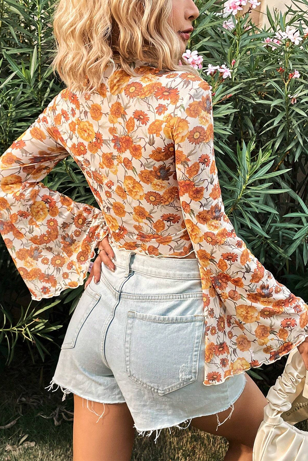 Orange Floral Print Bell Sleeve Mock Neck Scallop Trim Blouse - The Fair Lady Shop