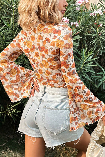 Orange Floral Print Bell Sleeve Mock Neck Scallop Trim Blouse - The Fair Lady Shop