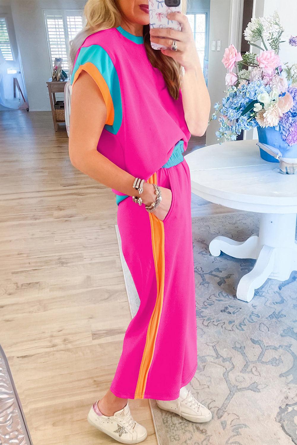 Chestnut Colorblock Cap Sleeve Tee and Wide Leg Pants Set - The Fair Lady Shop