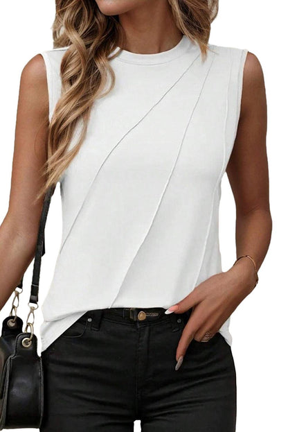 White Solid Color Crew Neck Pleated Tank Top - The Fair Lady Shop