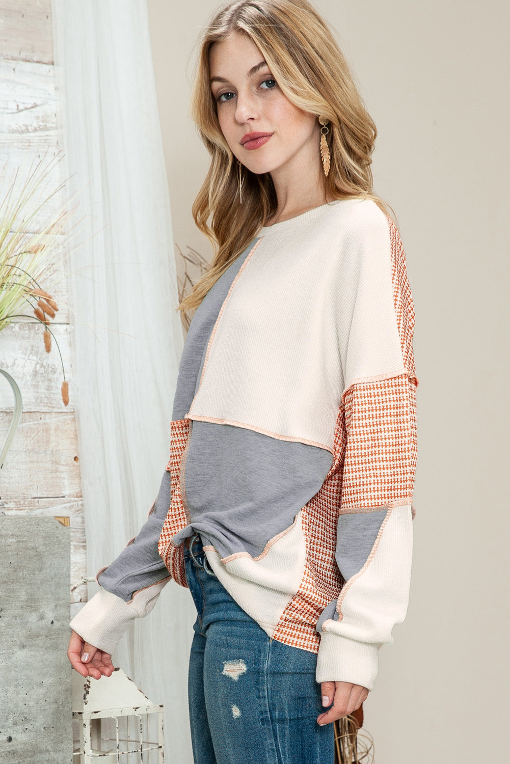 Multicolor Exposed Seam Color Block Pullover Long Sleeve Top - The Fair Lady Shop