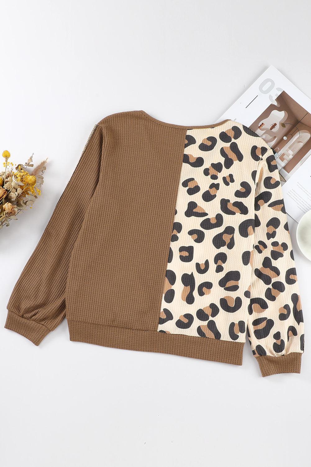 Brown Leopard Print Color Block Waffle Knit V Neck Long Sleeve Top - The Fair Lady Shop