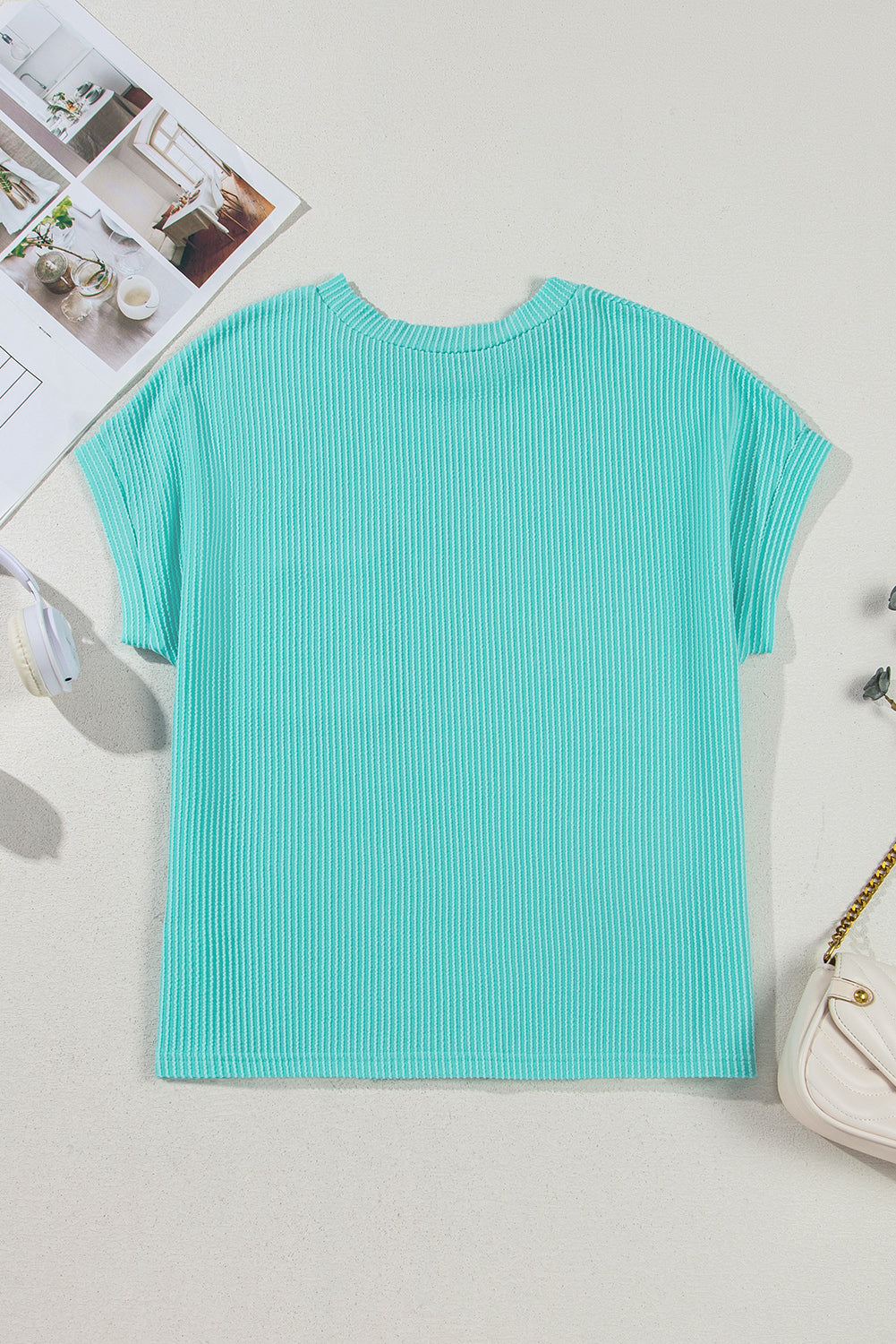 Light Blue Corded Colorblock Pocket Crew Neck T Shirt - The Fair Lady Shop