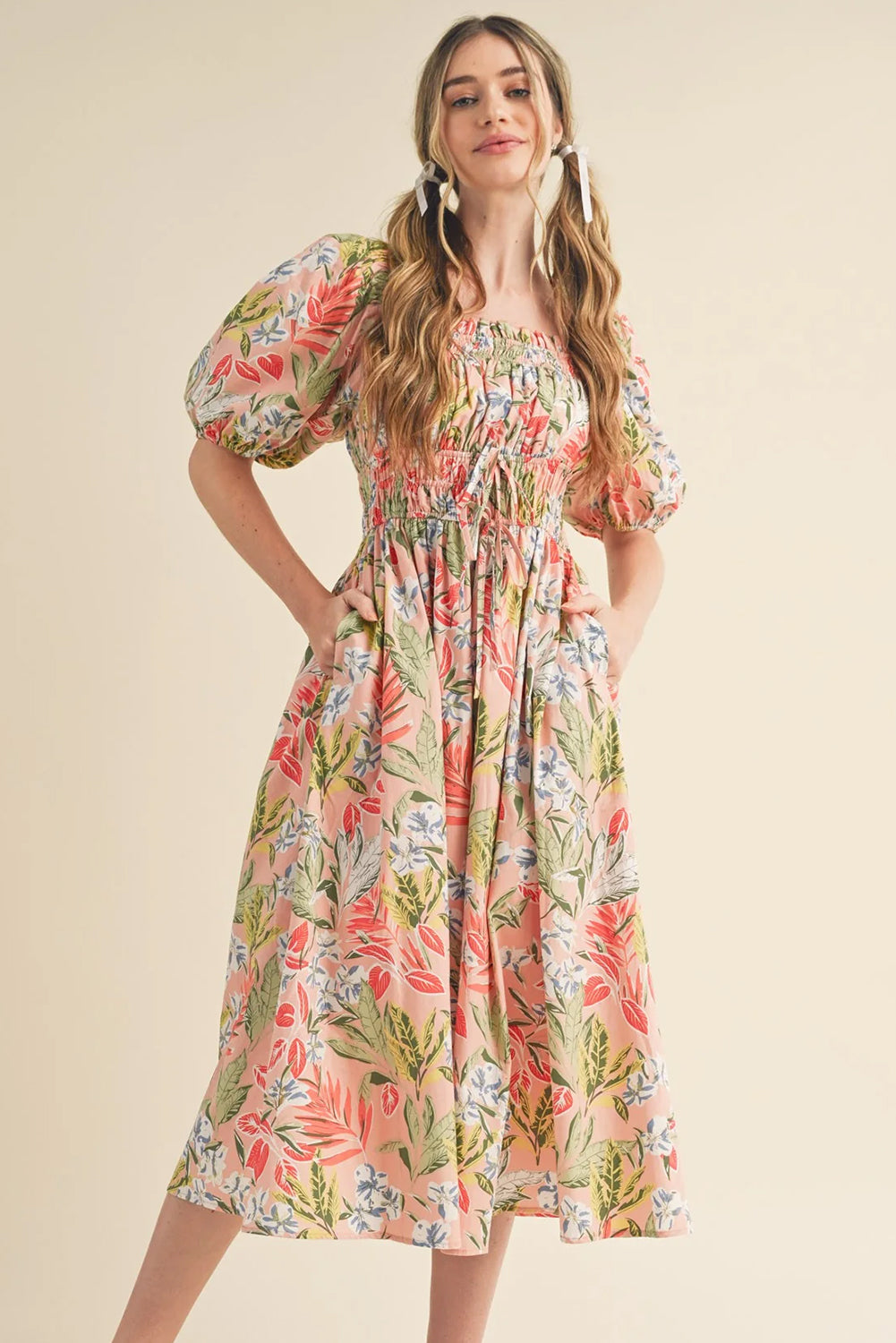 Apricot Pink Floral Knot Front Smocked Bubble Sleeve Dress - The Fair Lady Shop