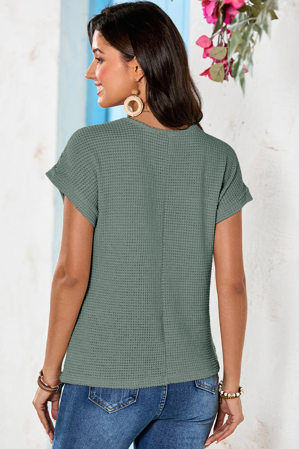 Mist Green Hollow Patchwork Waffle Knit Top - The Fair Lady Shop