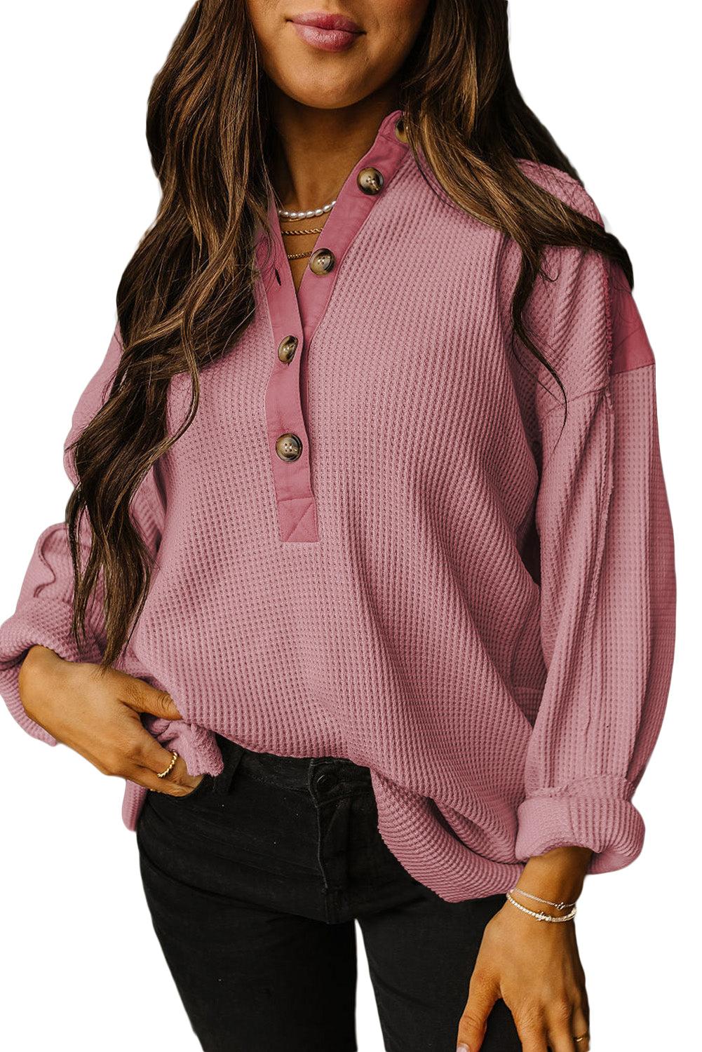 Jet Stream Waffle Patchwork Long Sleeve Henley Top - The Fair Lady Shop