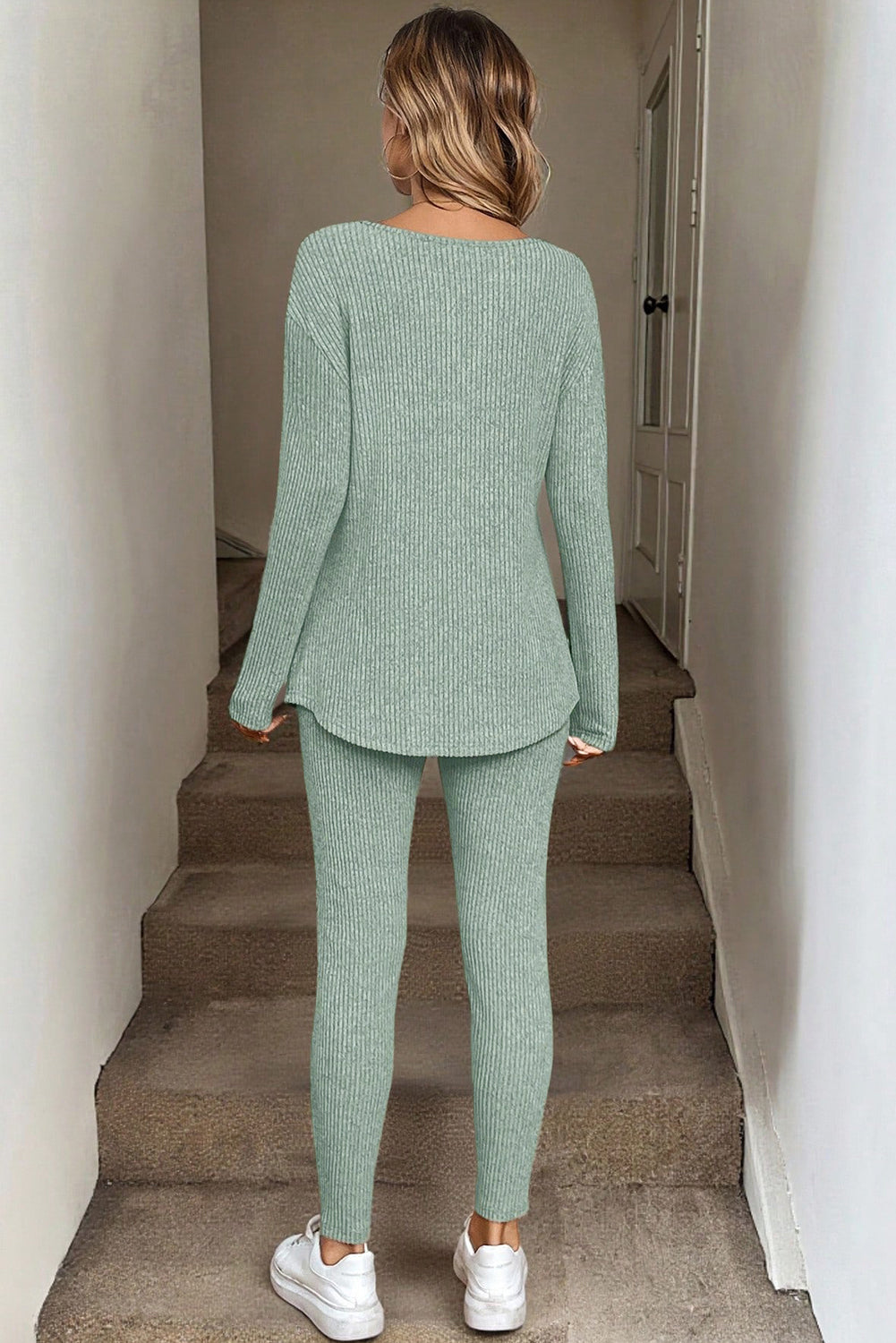 Grass Green Ribbed Notched Neck Knit Long Sleeve Leggings Two Pieces Lounge Set