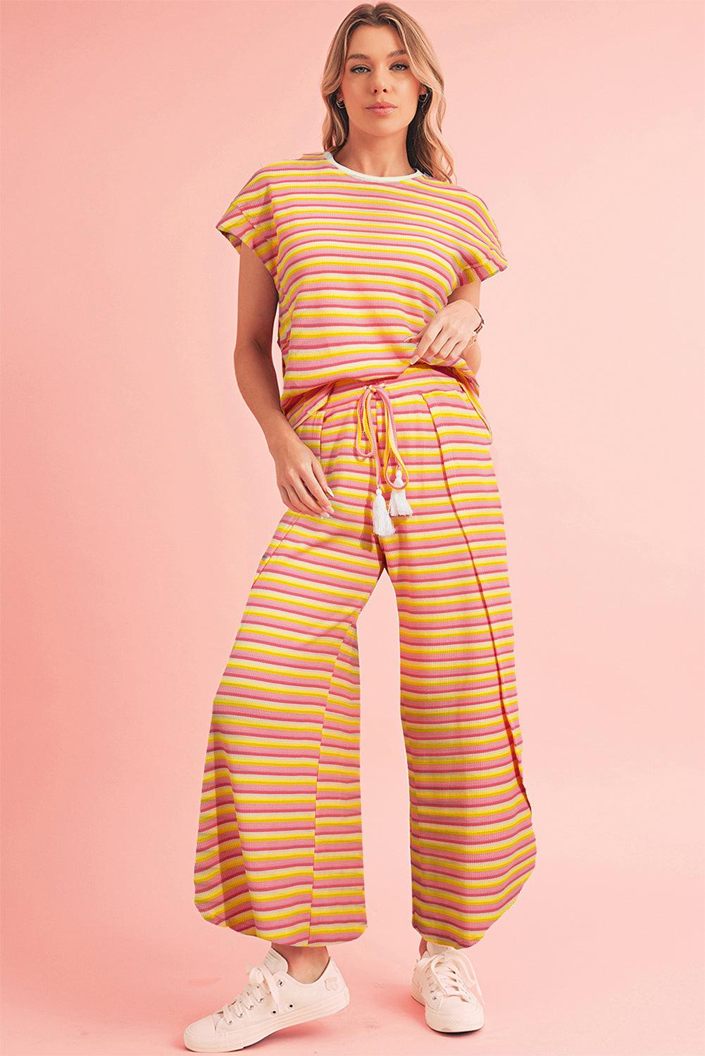 Yellow Stripe Rainbow Tee and Tassel Drawstring Wide Leg Pants Set - The Fair Lady Shop