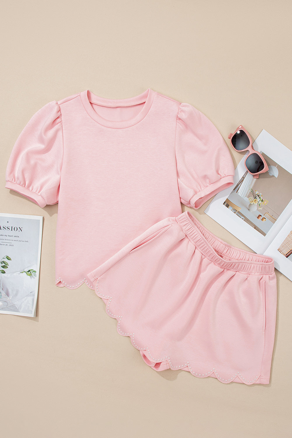 Light Pink Puff Sleeve Pearl Embellished Scallop Hem 2-Piece Shorts Set