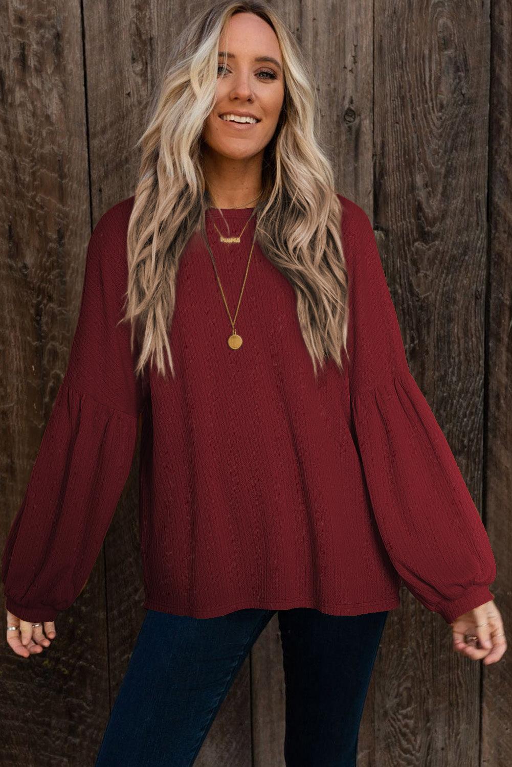 Ruby Solid Color Textured Lantern Sleeve Top - The Fair Lady Shop