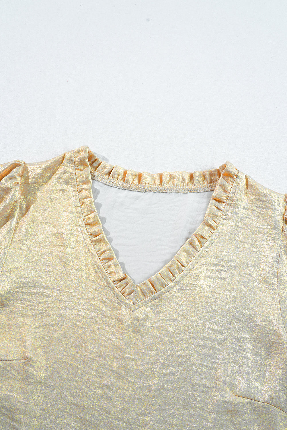 Gold Metallic Velvet Frill V Neck Puff Sleeve Babydoll Blouse - The Fair Lady Shop