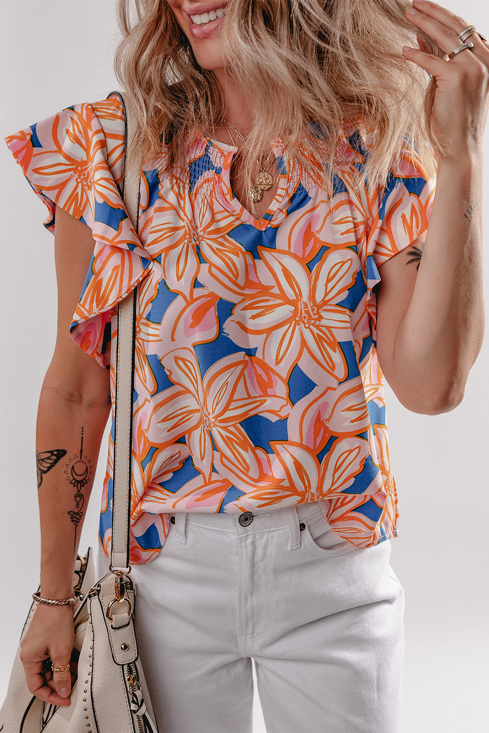 Orange Summer Flower Print Smocked Notched Neck Ruffle Blouse - The Fair Lady Shop