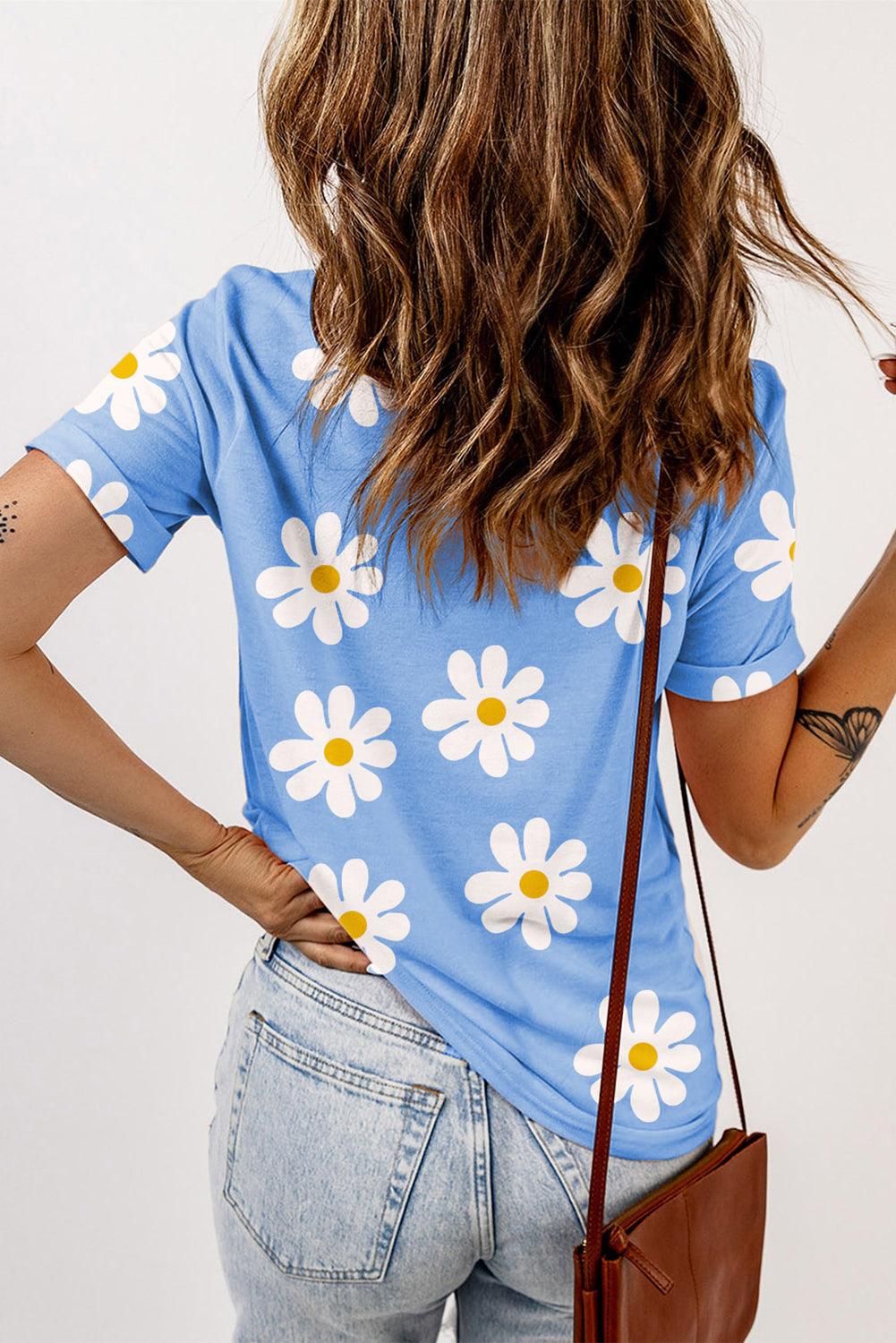 Sky Blue Daisy Print Crewneck T Shirt - The Fair Lady Shop