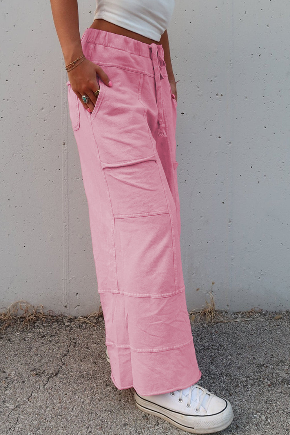 Bonbon Mineral Wash Exposed Seam Wide Leg Cargo Pants - The Fair Lady Shop