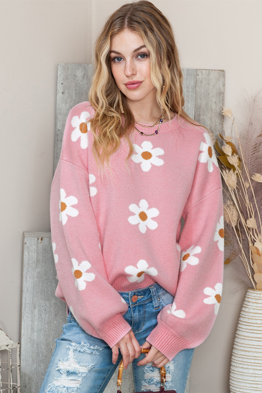 Pink 60s Floral Pattern Drop Shoulder Pullover Knit Sweater - The Fair Lady Shop