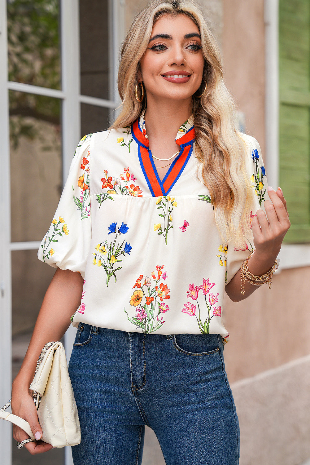 White Boho Floral Puff Sleeve Pop of Color Neckline Blouse - The Fair Lady Shop