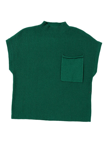 Green Patch Pocket Ribbed Knit Short Sleeve Sweater - The Fair Lady Shop