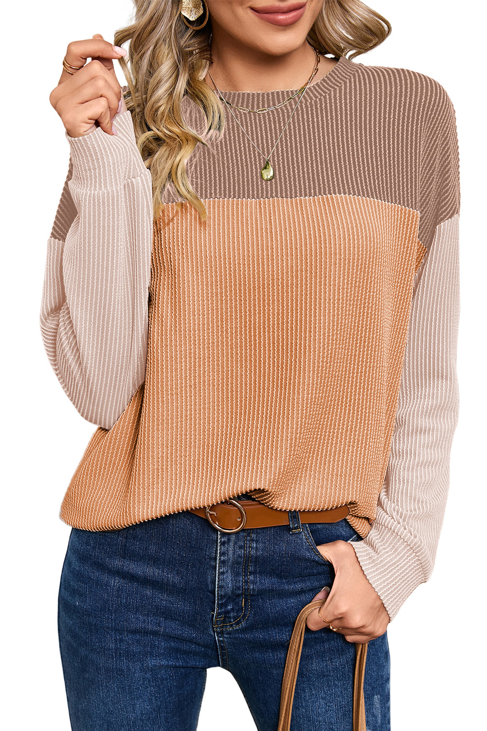 Khaki Color Block Ribbed Loose Long Sleeve Top - The Fair Lady Shop
