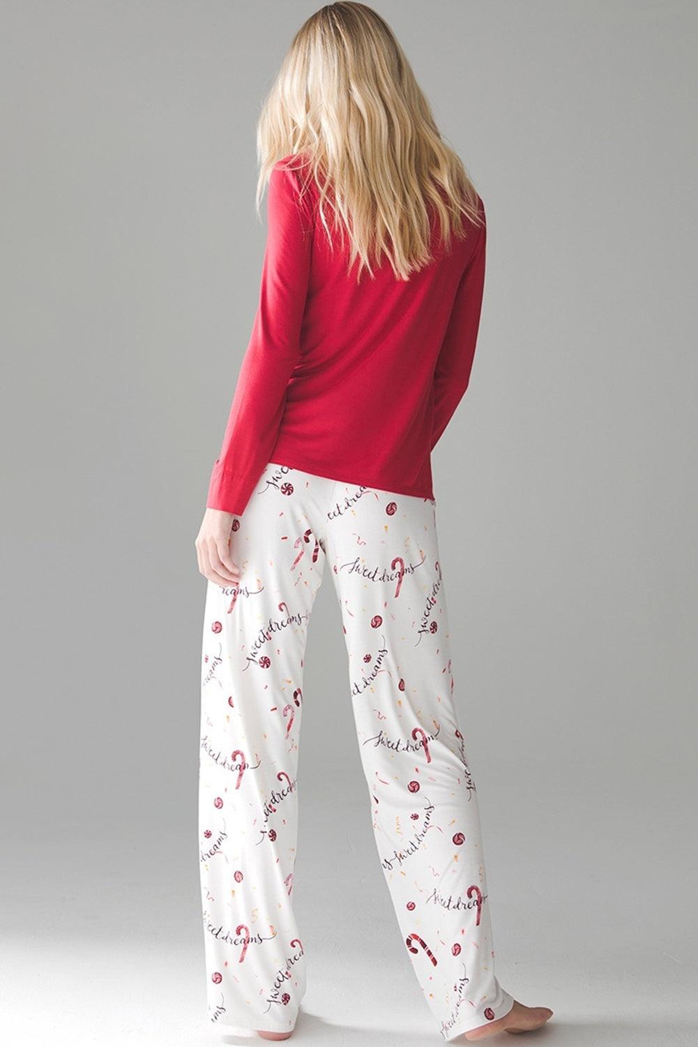 Red Solid Top and Christmas Print Pants Pajama Set - The Fair Lady Shop