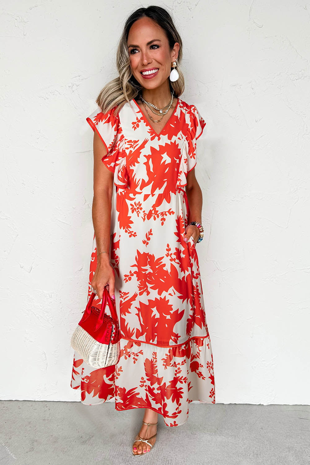 Red Floral Print Trimmed V Neck Ruffle Sleeve Maxi Dress - The Fair Lady Shop