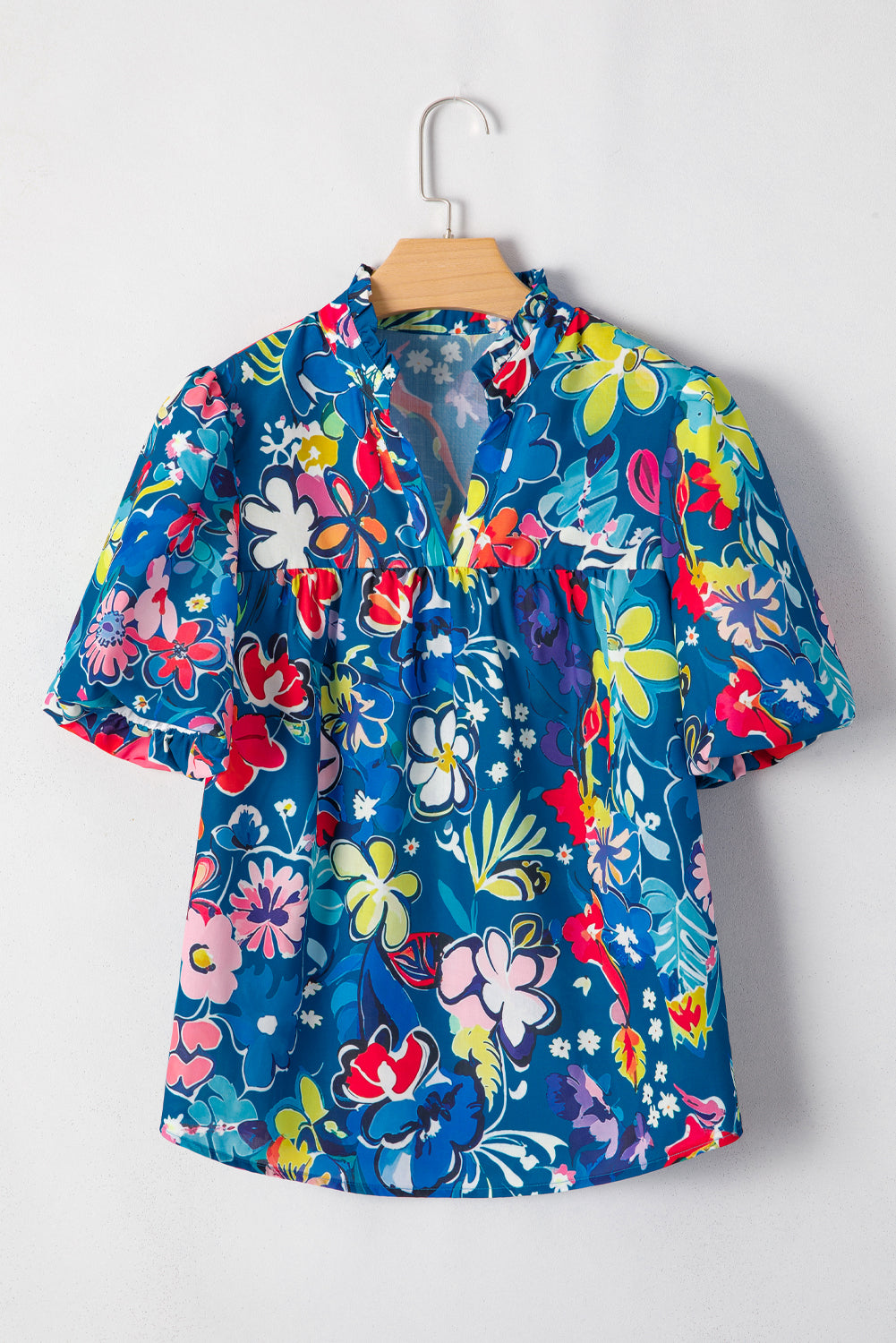 Blue Flower Print Notch V Neck Puff Sleeve Babydoll Blouse - The Fair Lady Shop