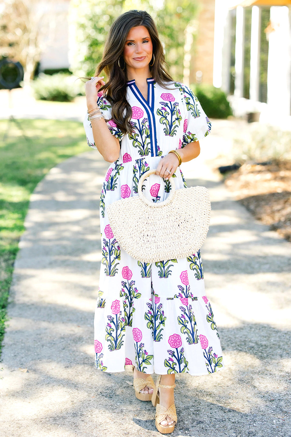 White Floral Ruffle Hem Pop of Color Neckline Dress - The Fair Lady Shop