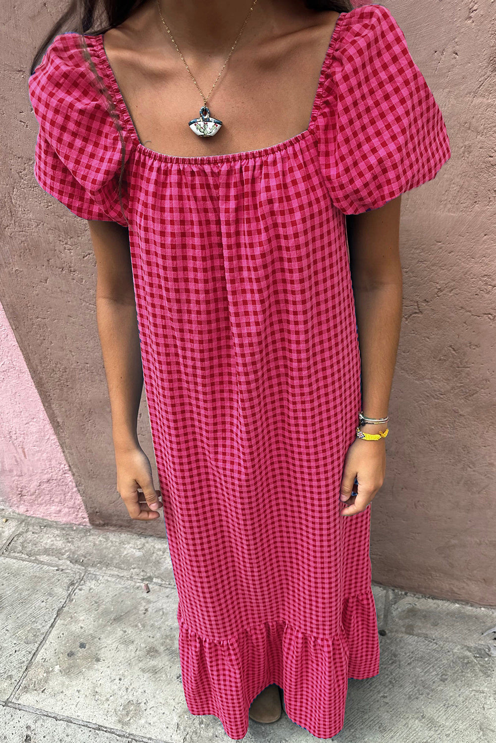 Rose Plaid Square Neck Puff Sleeve Maxi Dress - The Fair Lady Shop