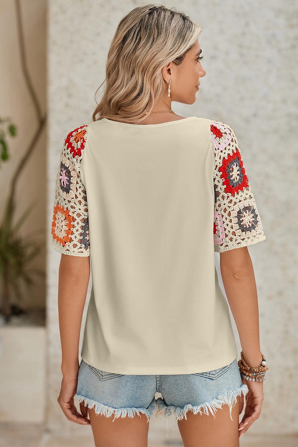 Black Floral Hollowed Crochet Sleeve Boho T Shirt - The Fair Lady Shop