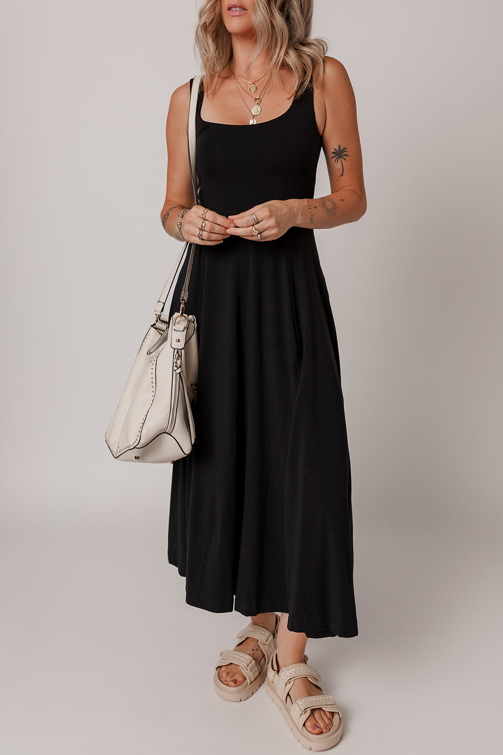 Black Sleeveless Scoop Neck Flared Split Midi Dress - The Fair Lady Shop