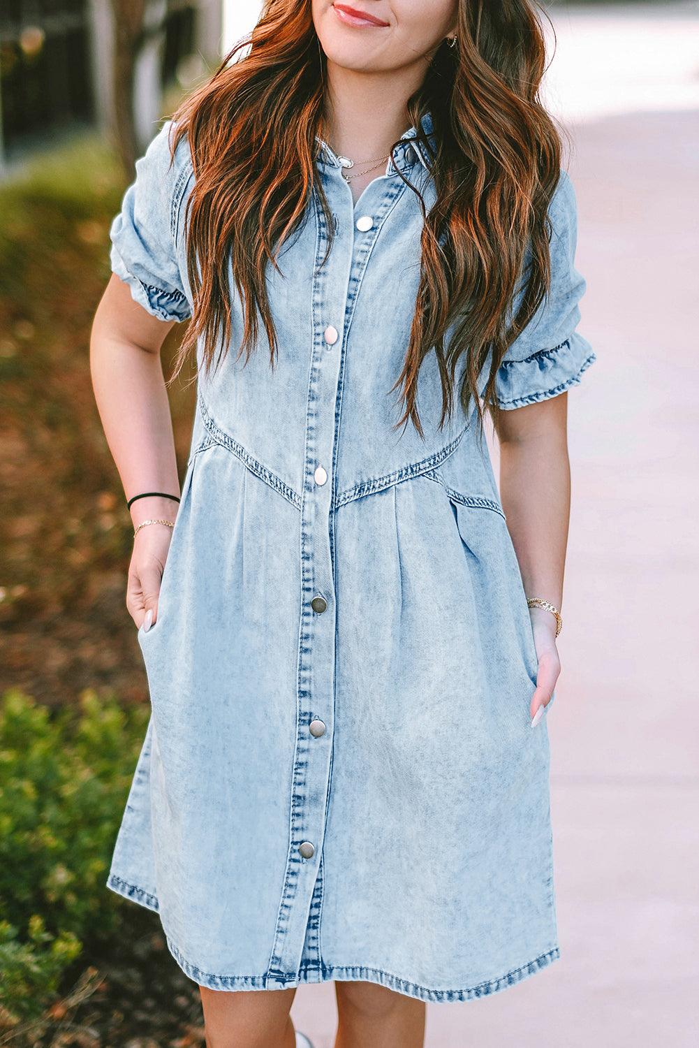 Blue Mineral Washed Ruffled Short Sleeve Pocketed Denim Dress - The Fair Lady Shop