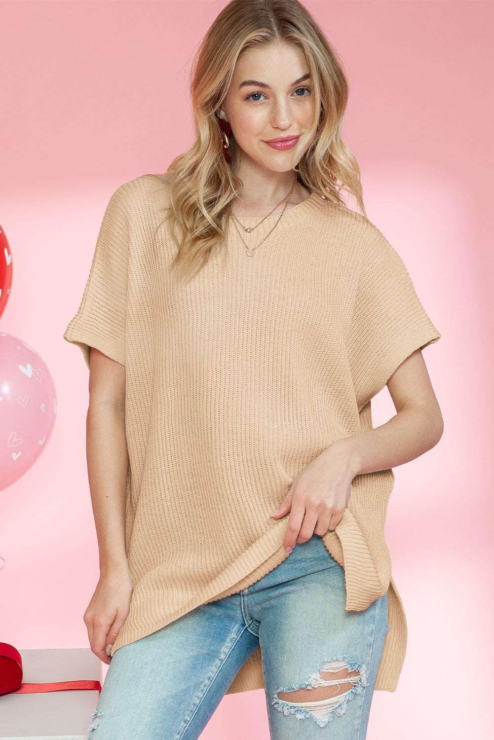 Apricot Side Slit Short Sleeve Oversized Sweater - The Fair Lady Shop