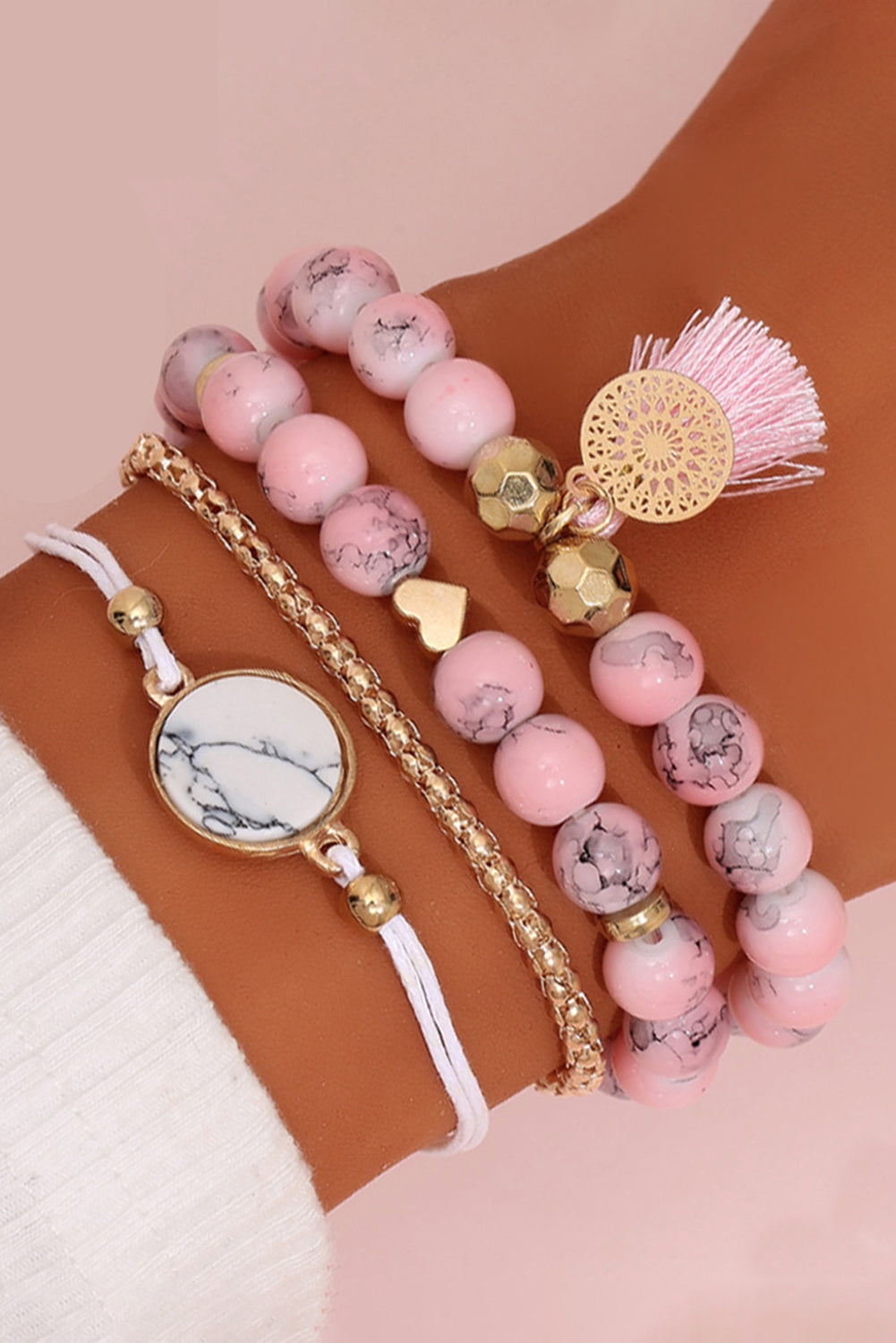 Pink Bohemian Heart Marble Bead Tassel Bracelet - The Fair Lady Shop