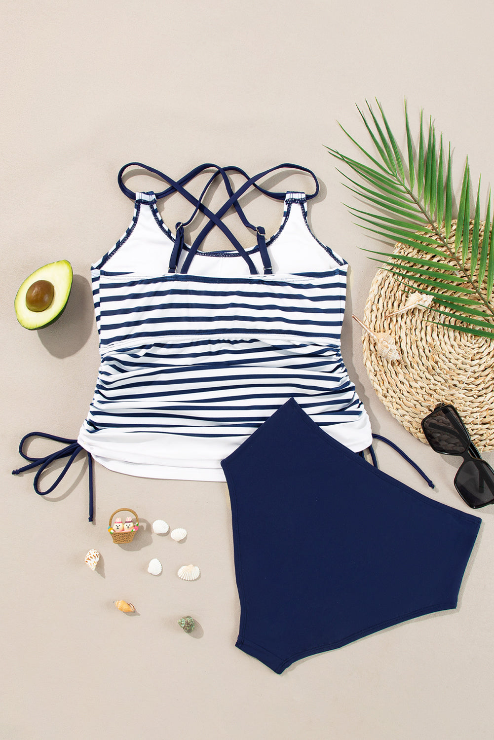 Blue Stripe Drawstring Tummy Control 2pcs Tankini Set - The Fair Lady Shop