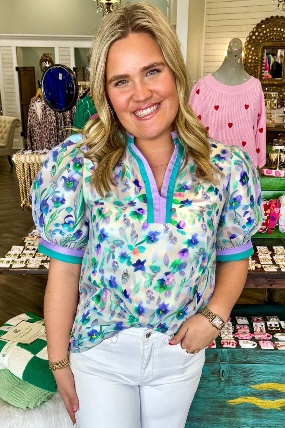 Green Floral Print Pop of Color Split Neck Puff Sleeve Plus Size Blouse - The Fair Lady Shop