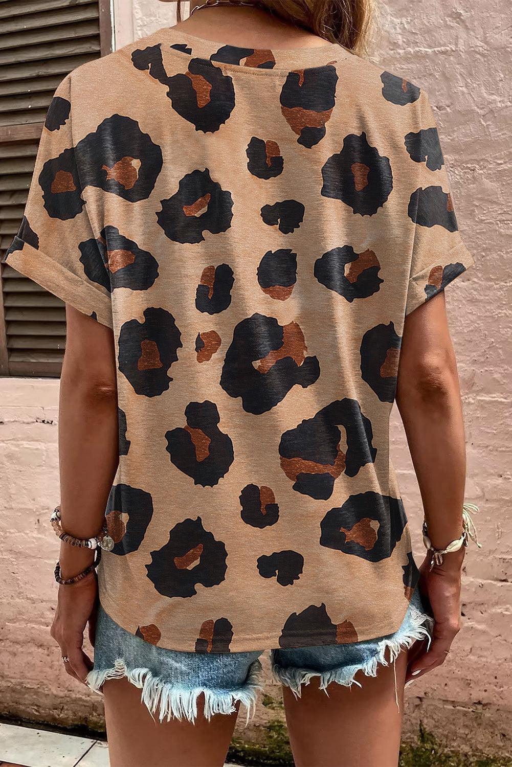 Light Beige Leopard Print Button V Neck T Shirt - The Fair Lady Shop