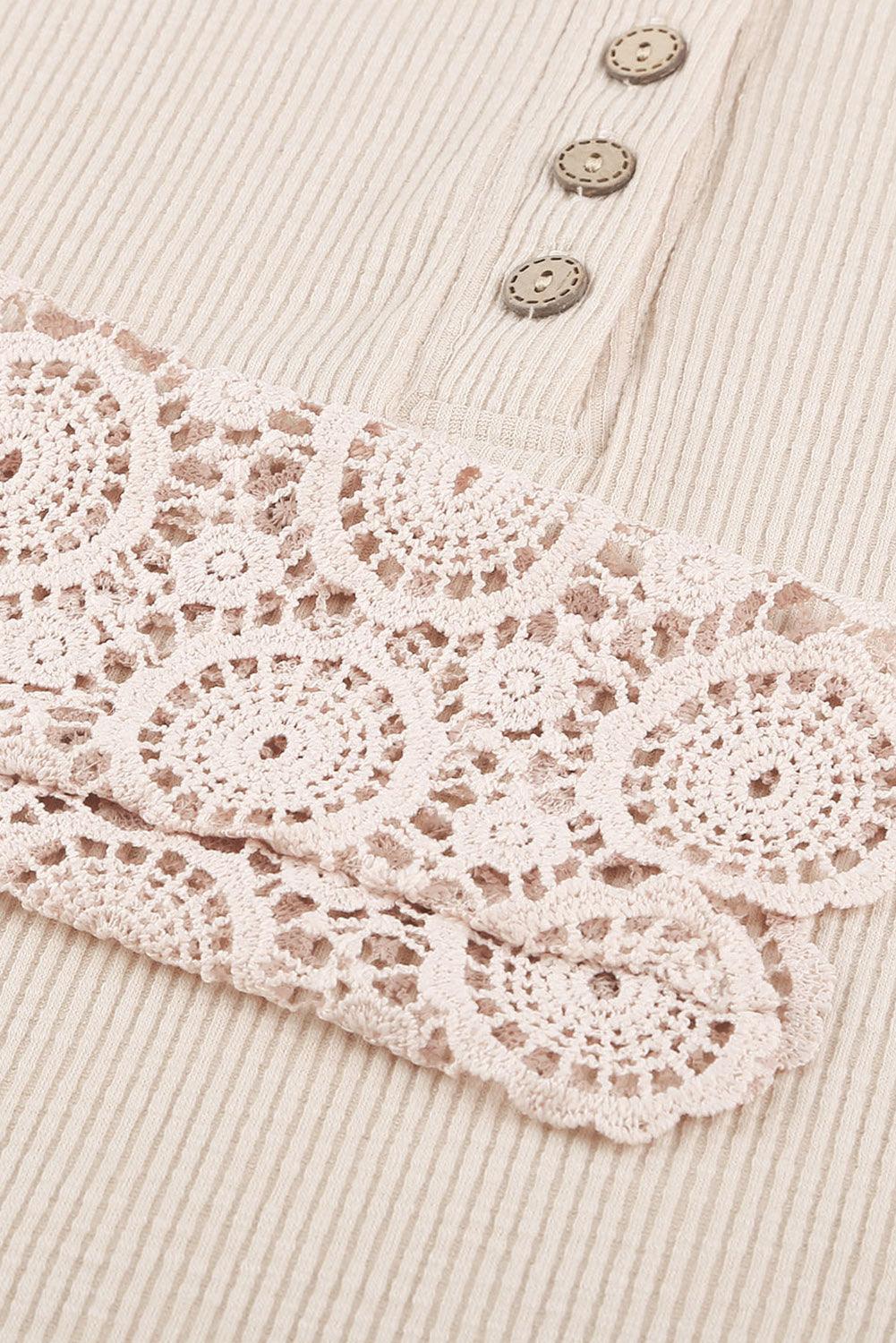 Beige Ribbed Lace Crochet Long Sleeve Henley Shirt for Women - The Fair Lady Shop