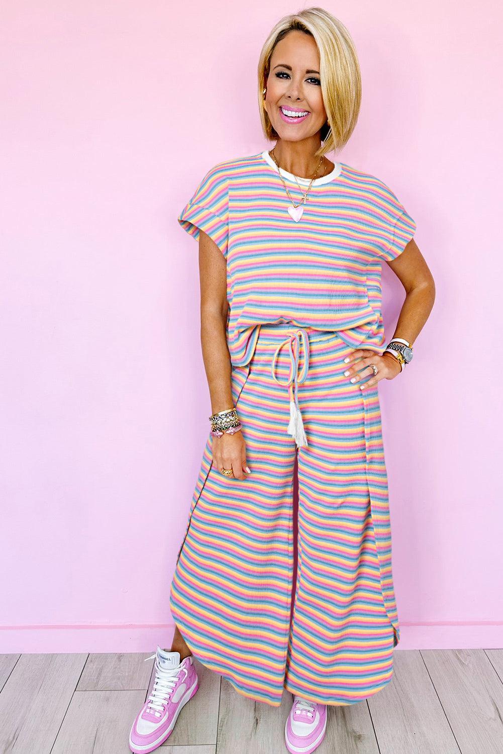 Yellow Stripe Rainbow Tee and Tassel Drawstring Wide Leg Pants Set - The Fair Lady Shop