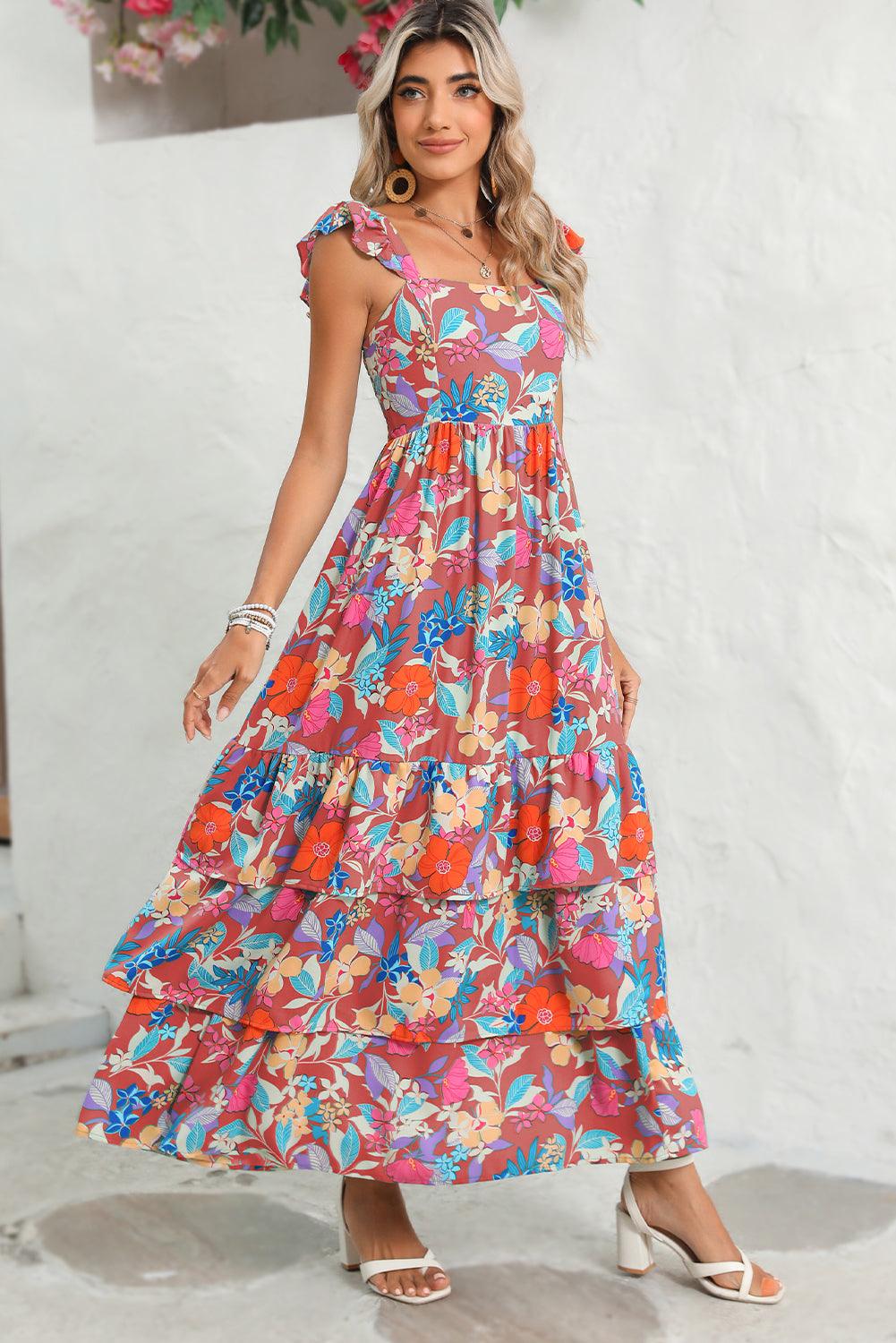Pink Floral Print Sleeveless Ruffle Tiered Maxi Dress - The Fair Lady Shop