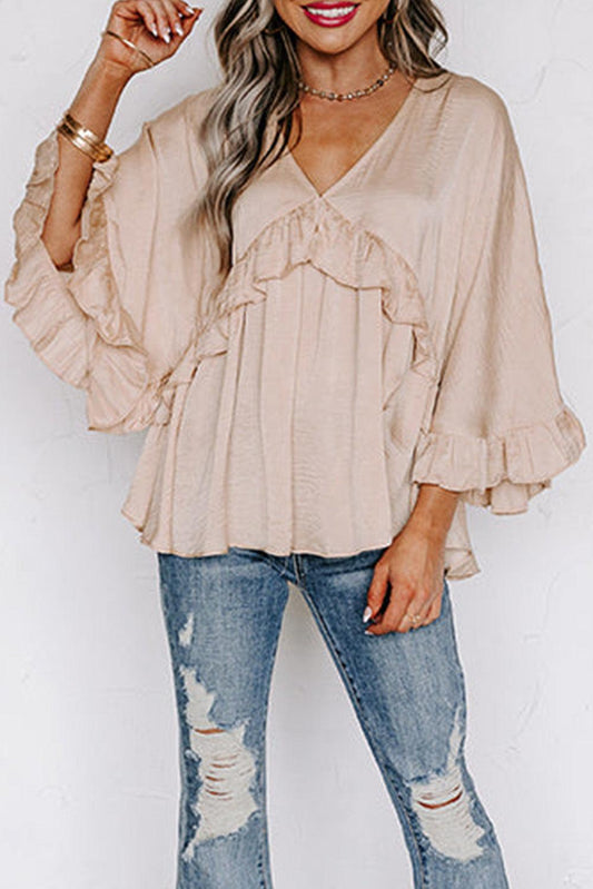 Apricot V Neck Draped Batwing Sleeve Ruffle Top - The Fair Lady Shop