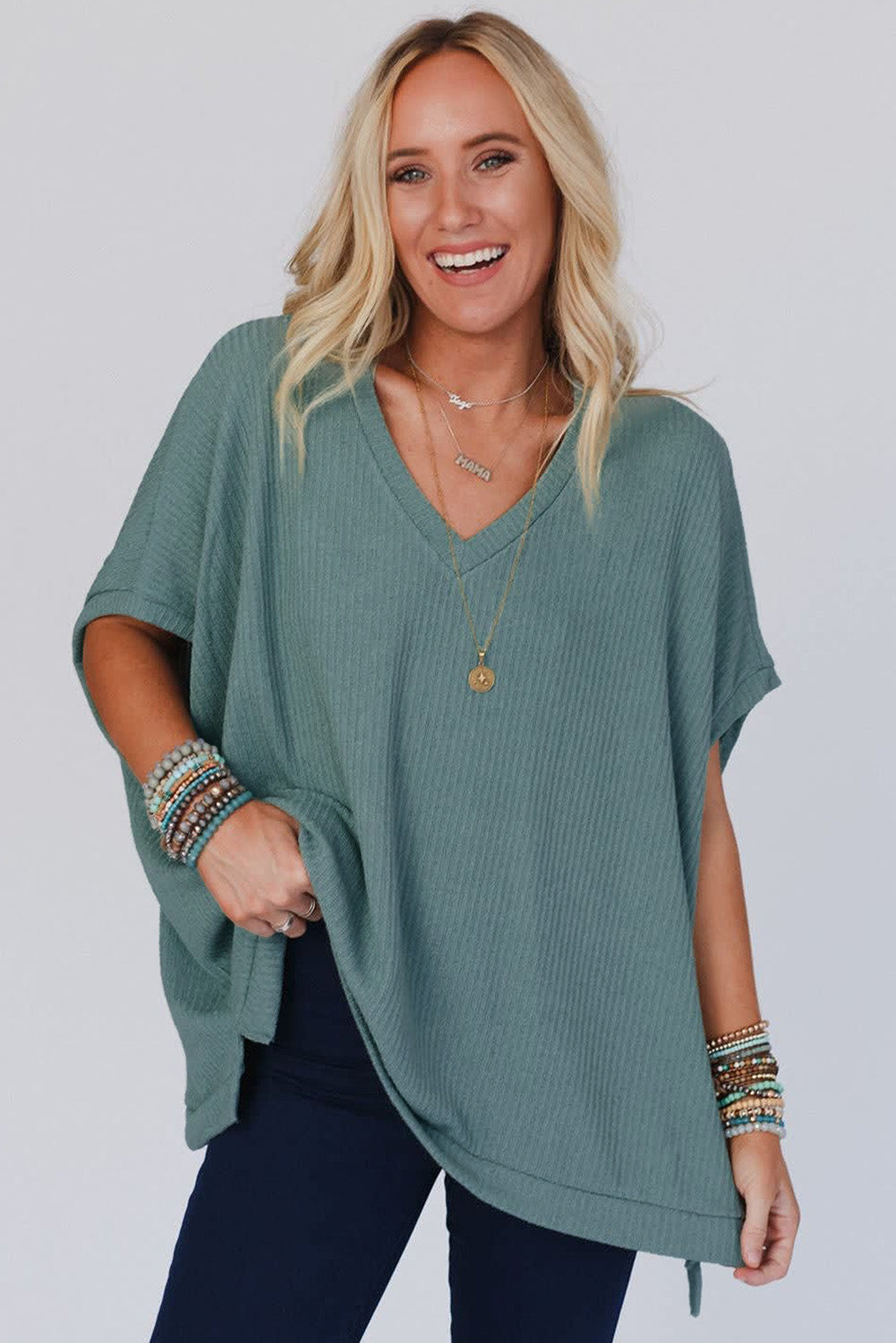 Moonlight Jade Oversized Ribbed Knit V Neck Short Sleeve Top - The Fair Lady Shop