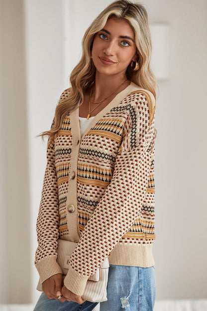 Khaki Geometric Pattern Button Front V Neck Cropped Cardigan - The Fair Lady Shop