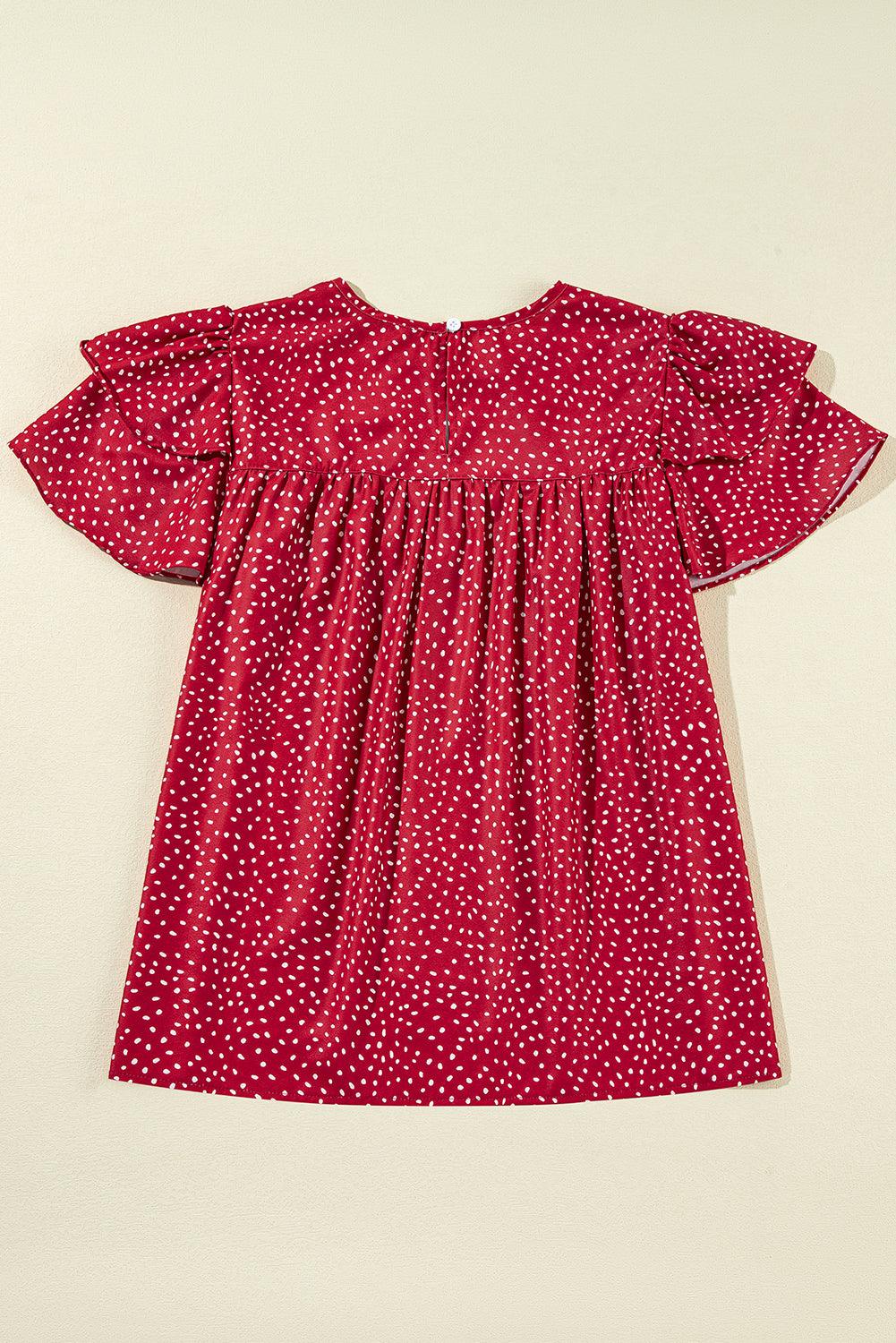 Fiery Red Spotted Print Pleated Ruffle Sleeve Blouse - The Fair Lady Shop